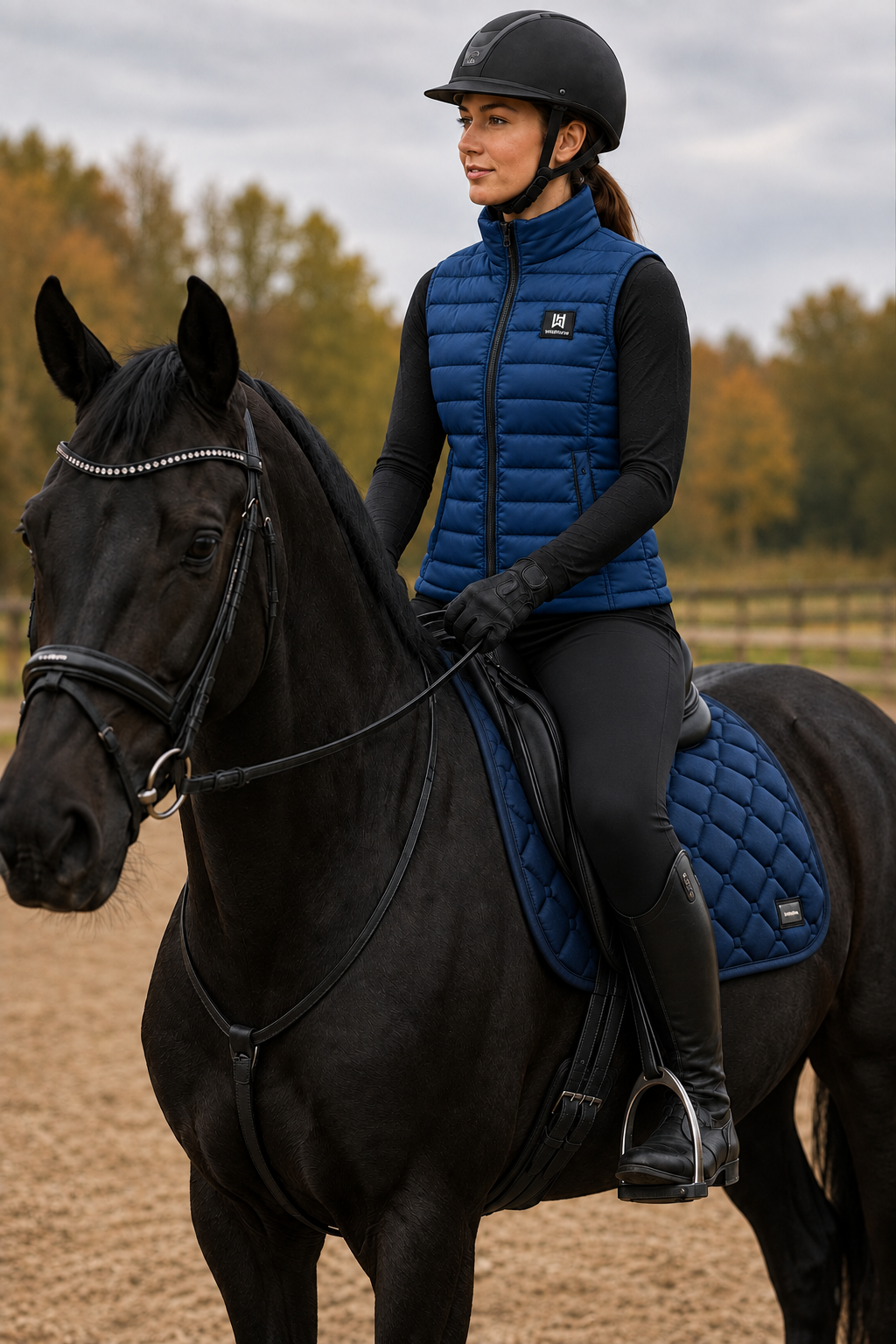 Ruiter met navy WildHorse bodywarmer en navy dekje, zonder beentas