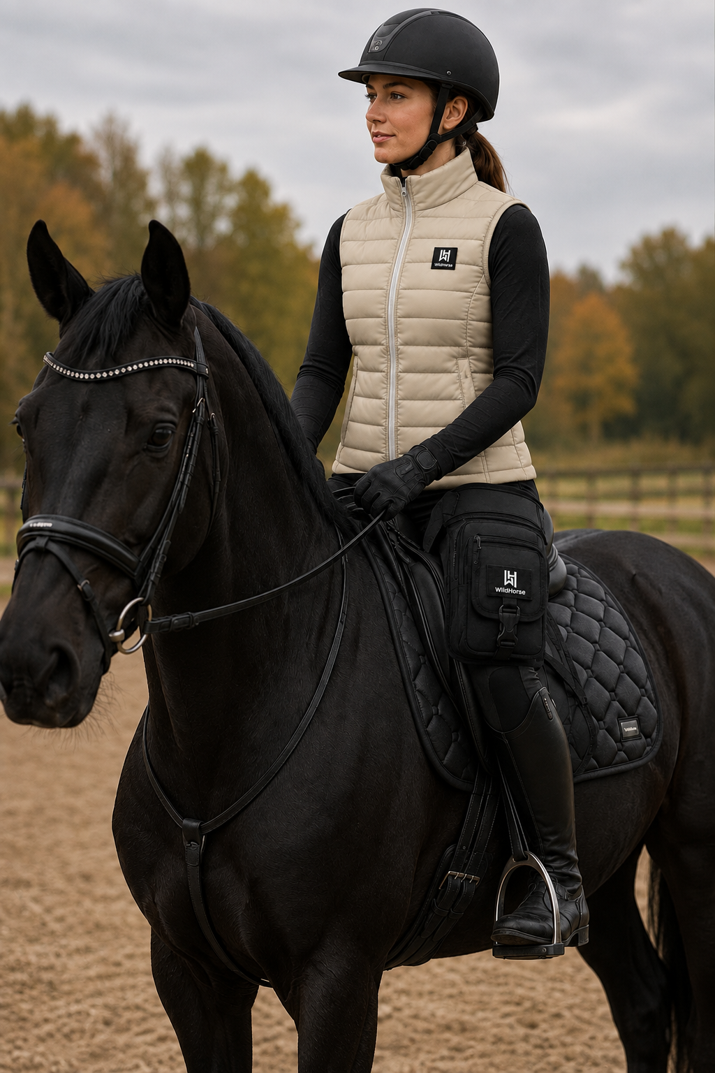 Ruiter op zwart paard met beige WildHorse bodywarmer